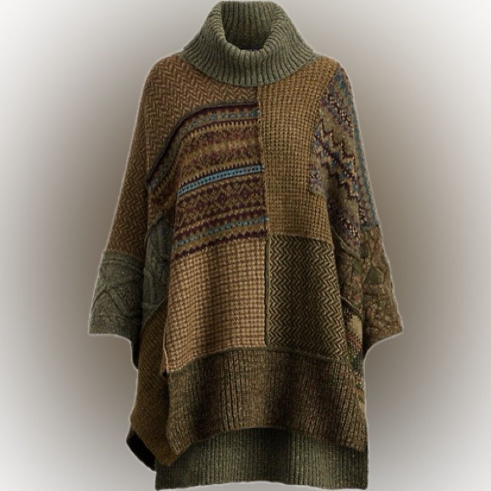 Polo Ralph Lauren Turtleneck Knit Poncho Olive and Brown Fair Isle Patchwork